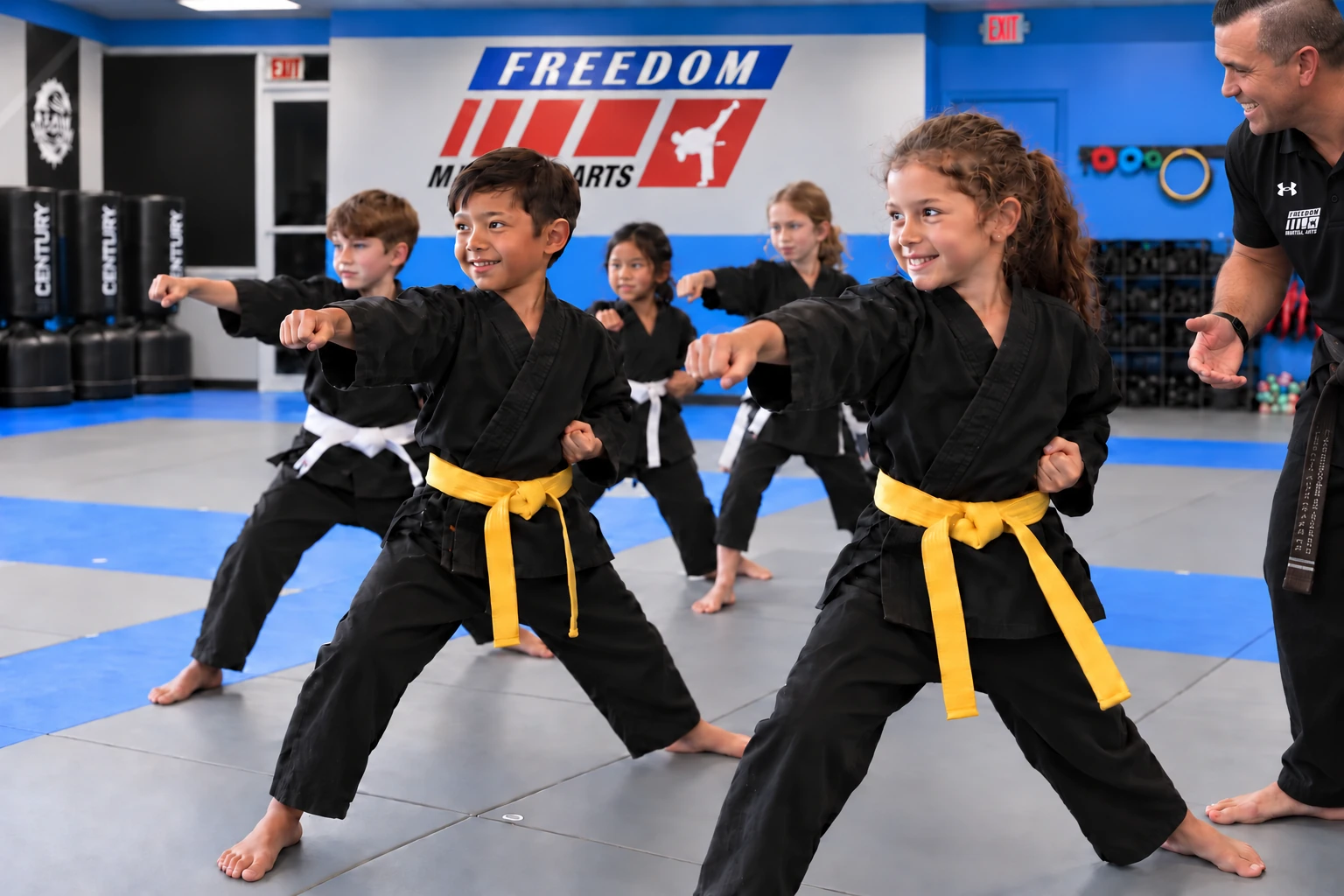 Illustrative photo of children practicing martial arts in black uniforms