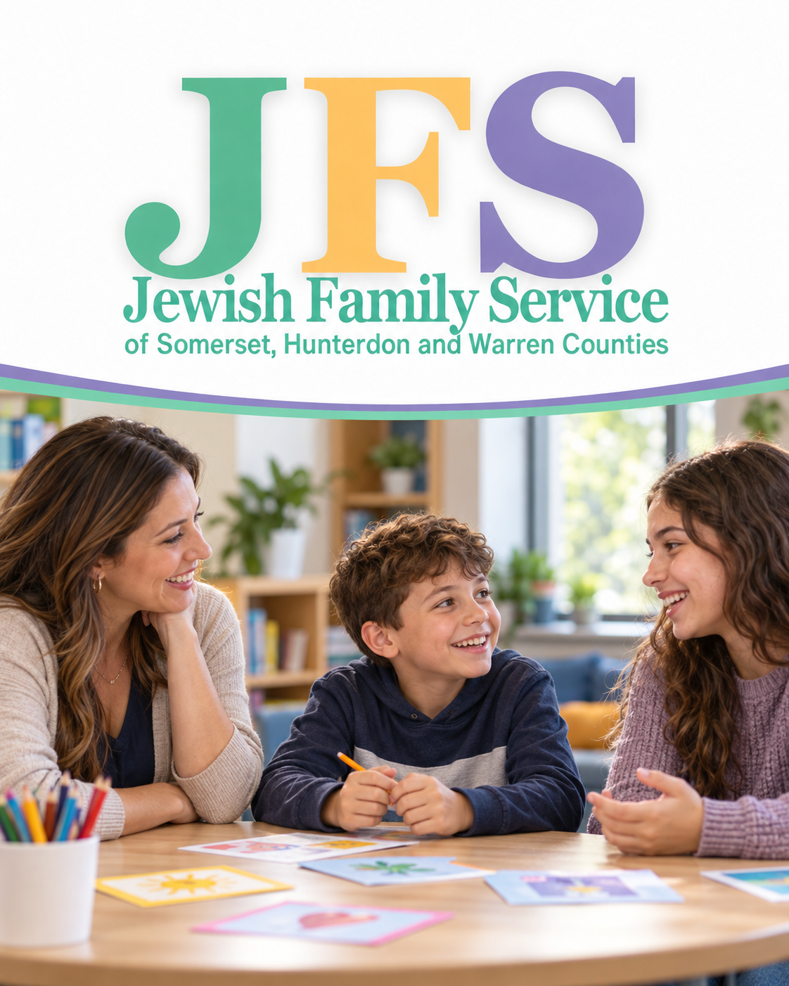 Jewish Family Service of Somerset, Hunterdon, and Warren Counties logo above an illustrative scene of a child and teenager connecting with a supportive adult