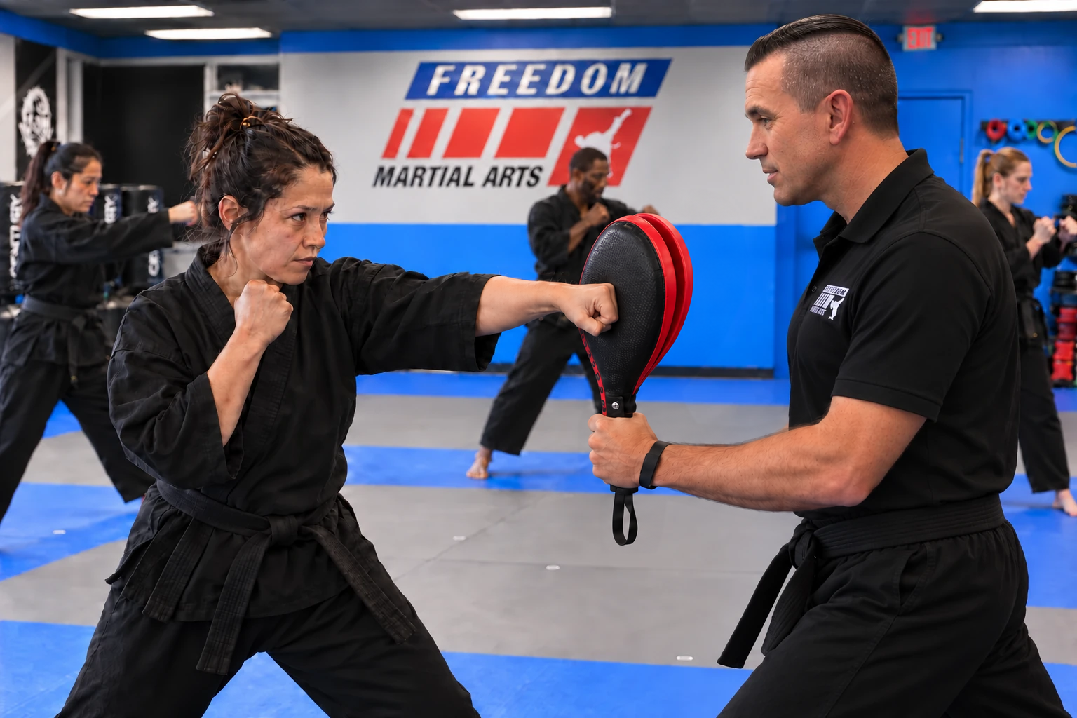 Illustrative adults practicing martial arts